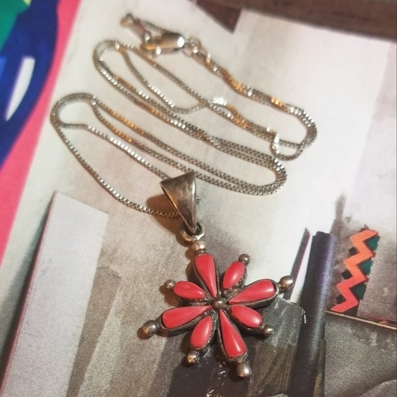 Native Jewelry - VTG NAVAJO Petit Point Red Coral Sterling Necklace